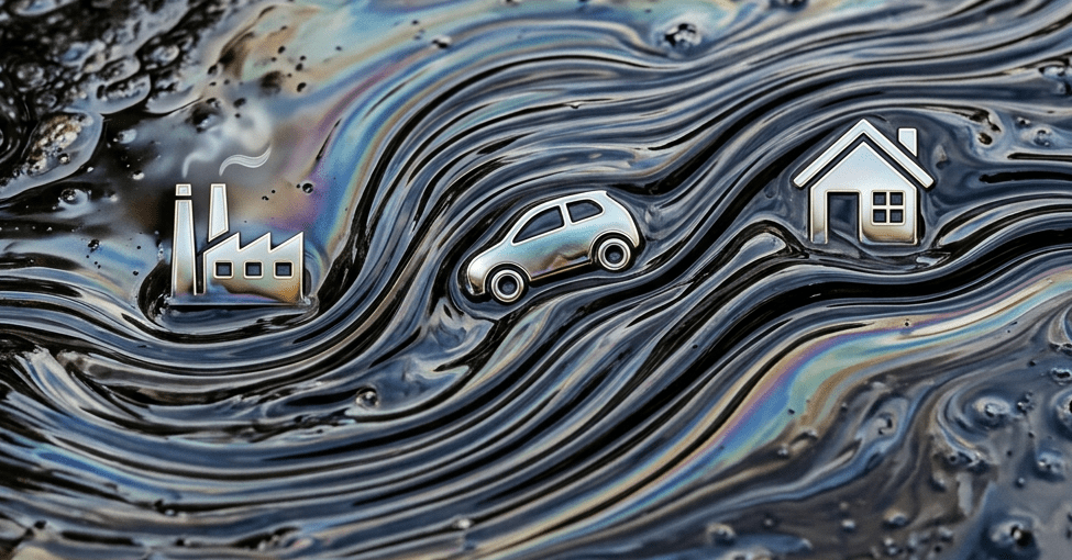 Industry, car, and home icons on a swirling oil spill background