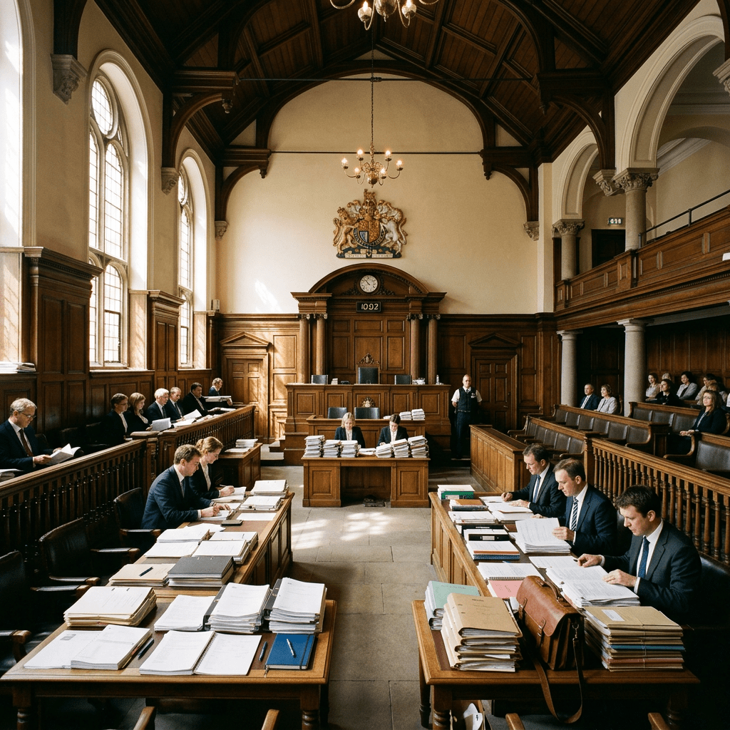 Lawyers and officials reviewing documents in a traditional courtroom