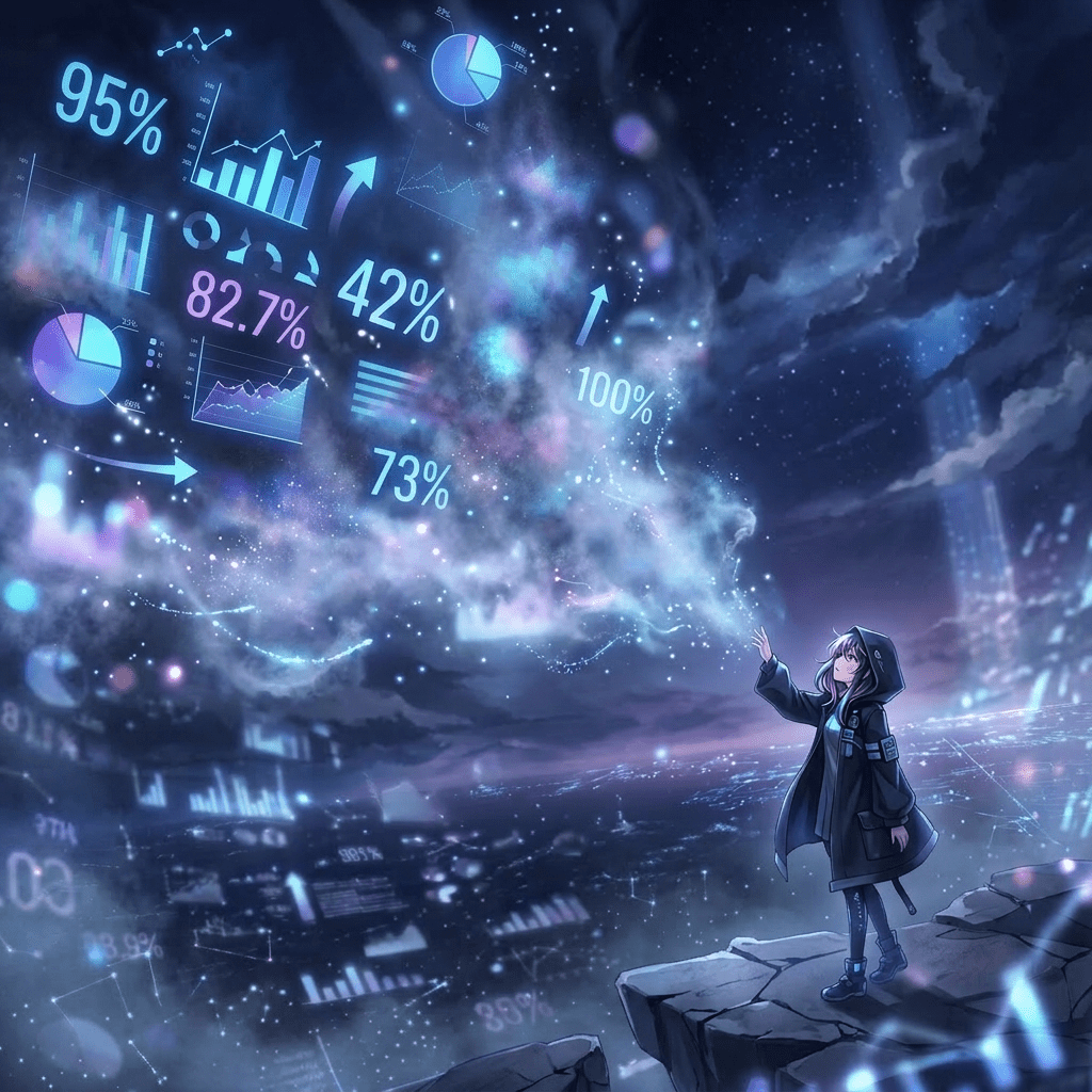 Person in dark clothing reaching towards floating holographic graphs and percentage data