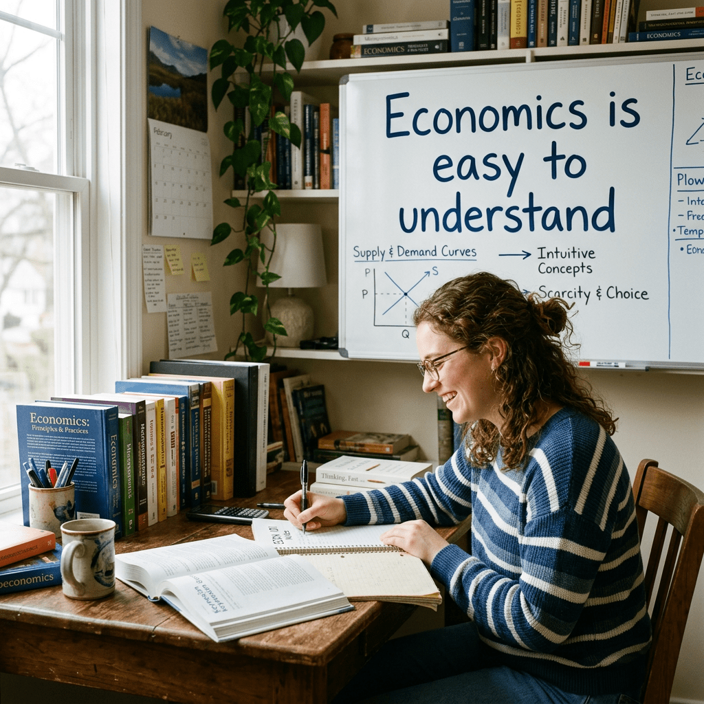 Student writing notes with economics books and whiteboard explaining basics