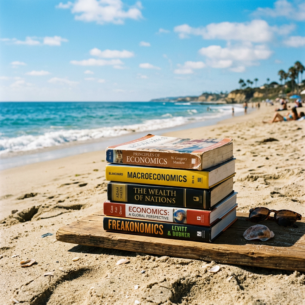 Stack of economics textbooks titled Principles of Economics, Macroeconomics, The Wealth of Nations, Economics: A Global Perspective, and Freakonomics on a beach.